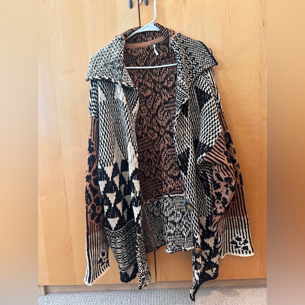 Free People Chunky Patterned Cardigan in Black, Cream & Brown